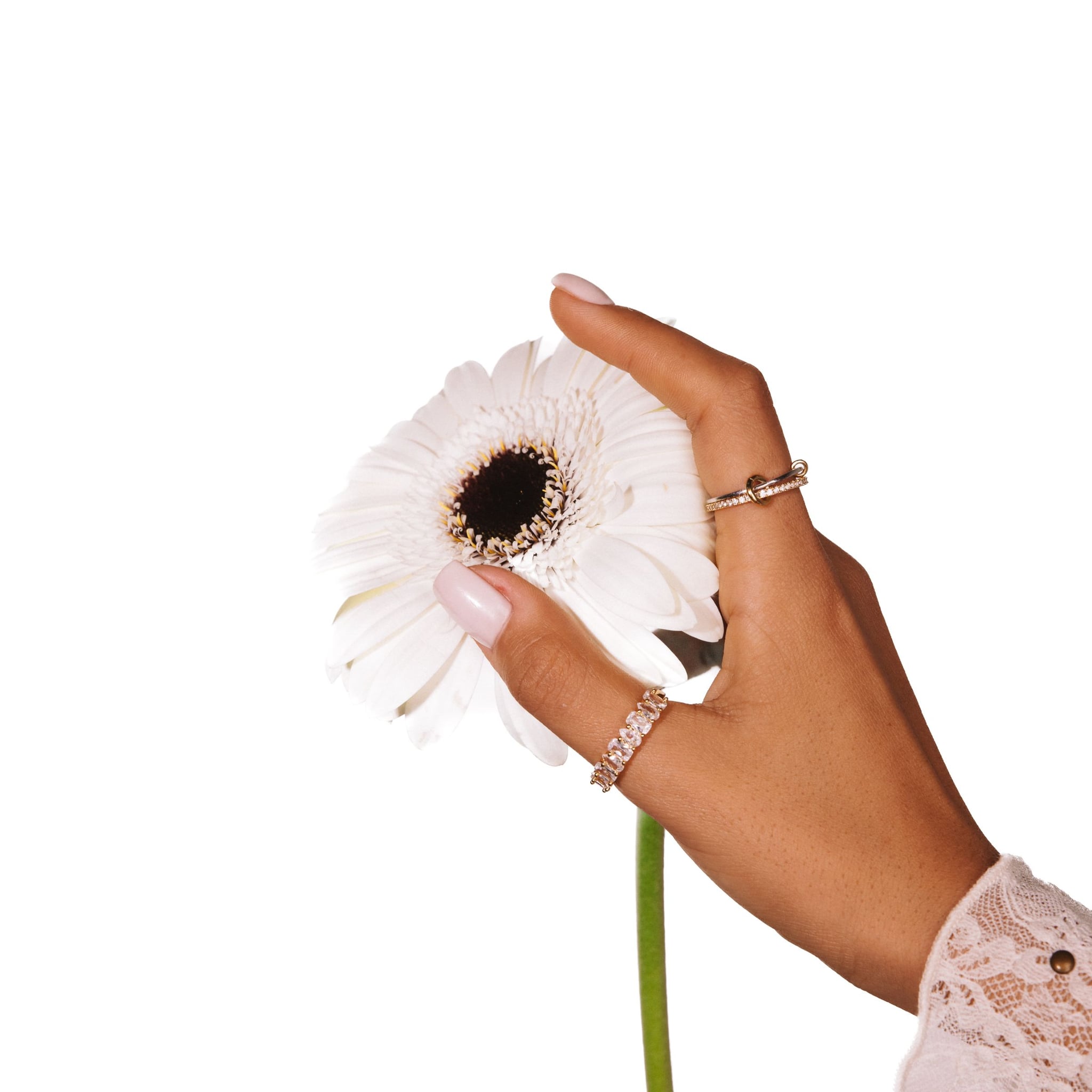 Ameena band ring in 18k gold-plated sterling silver with clear stones in two alternating shapes, view 4 of 5