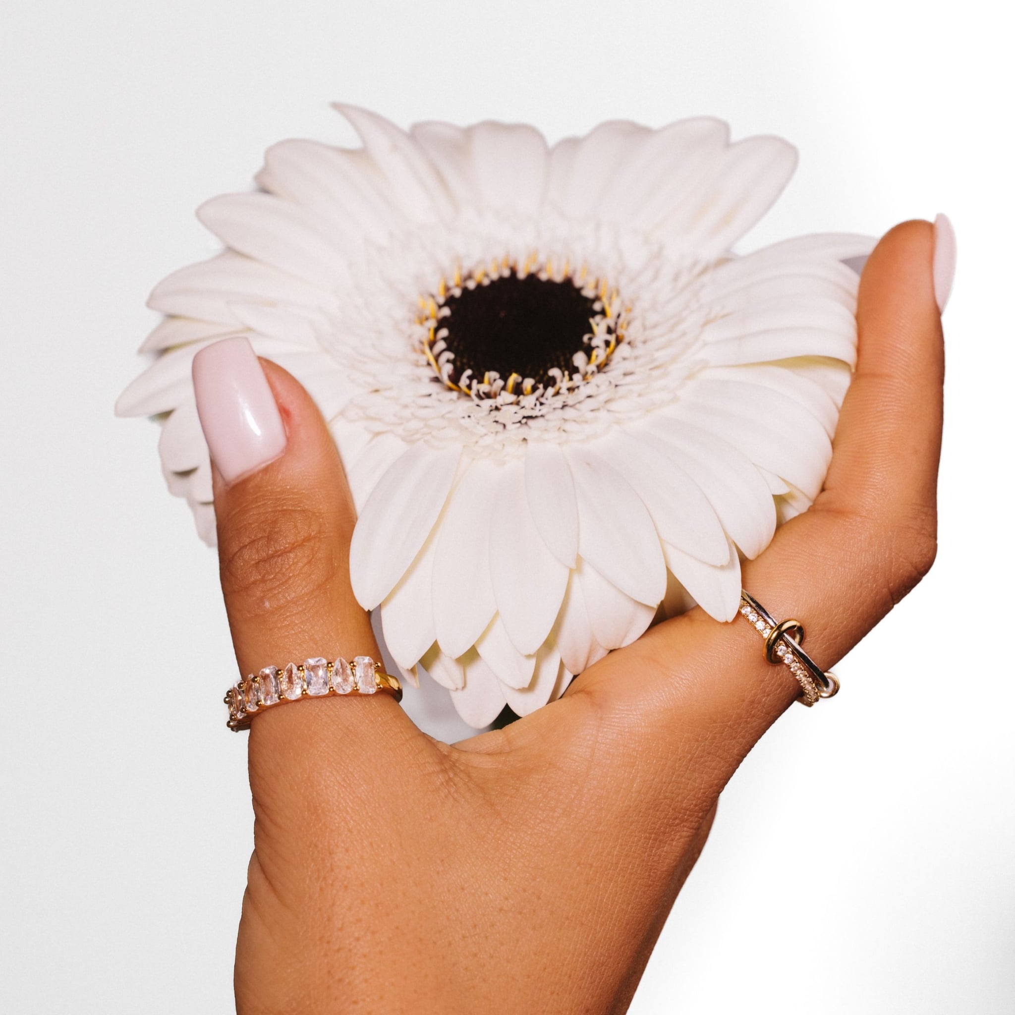 Ameena band ring in 18k gold-plated sterling silver with clear stones in two alternating shapes, view 5 of 5