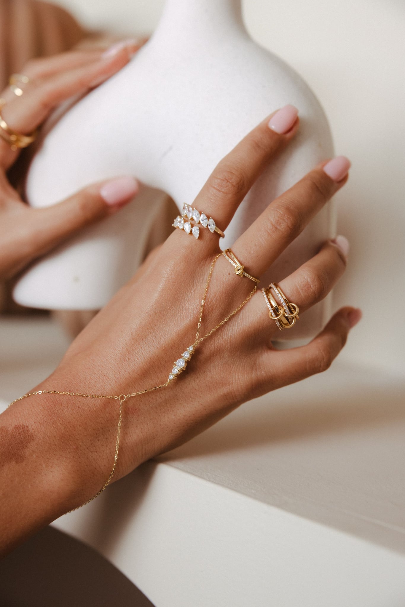 Amira hand chain in 18k gold-plated sterling silver with a line of clear stones, view 4 of 5