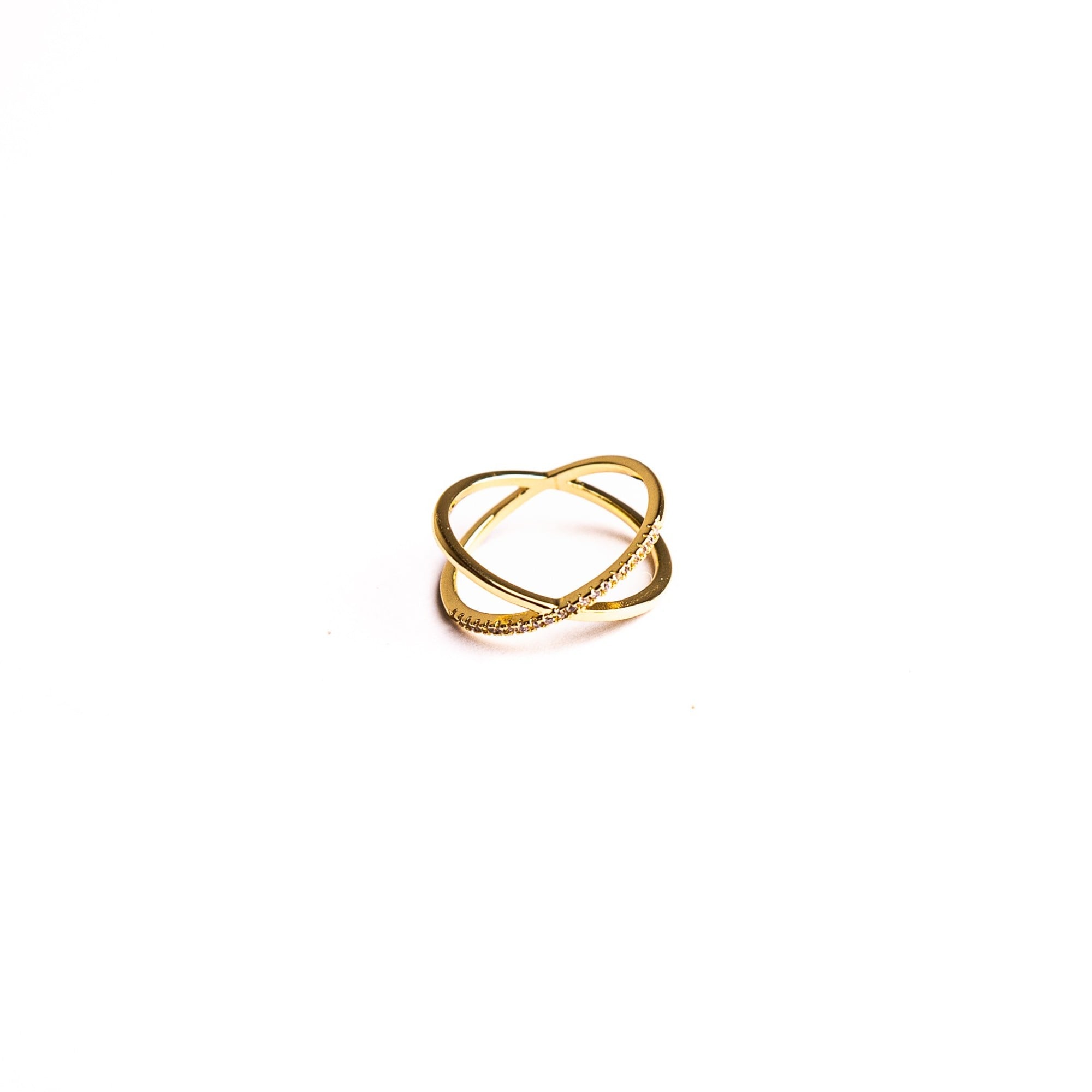 Azalea ring on a white background: two crossing bands, one smooth and one set with clear stones.