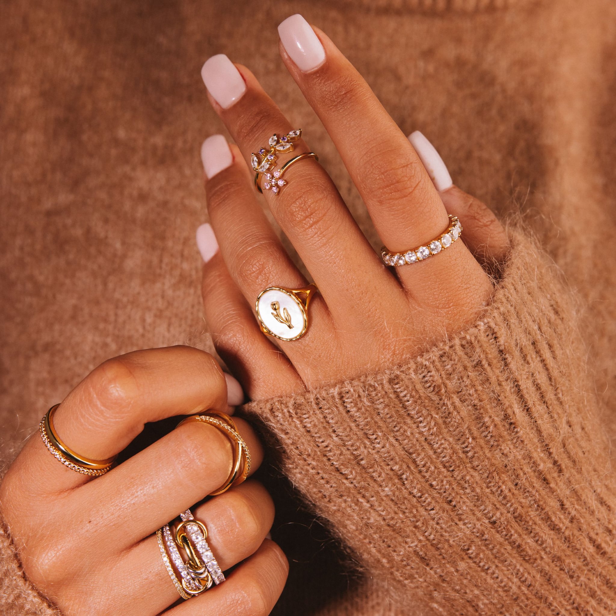 Azalea crossover ring in 18k gold-plated sterling silver, a smooth band crossing a pavé band with cubic zirconia, view 6 of 6