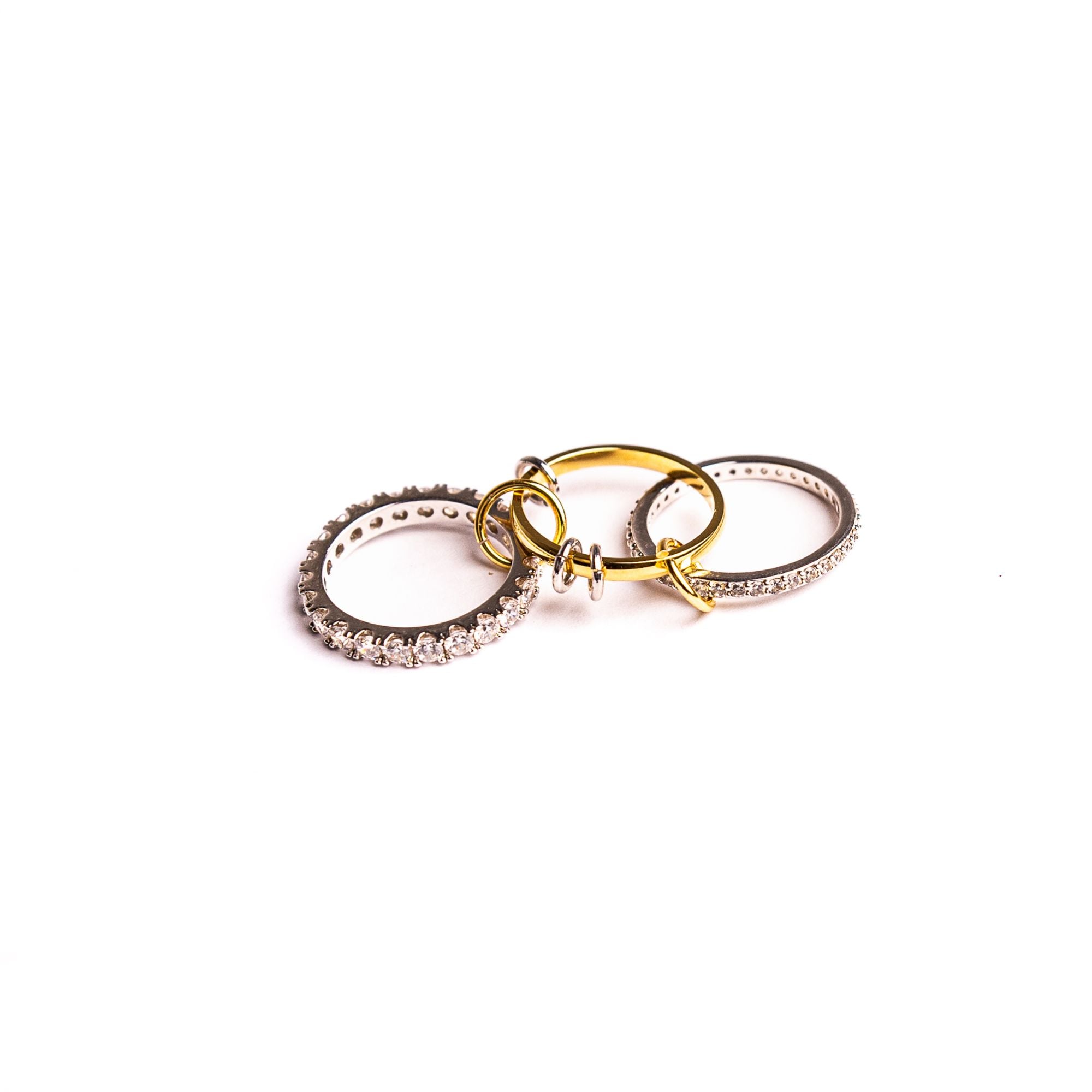 Chamilla two-tone stacked ring: interlinked 18k gold-plated and rhodium-plated bands with cubic zirconia, view 3 of 7