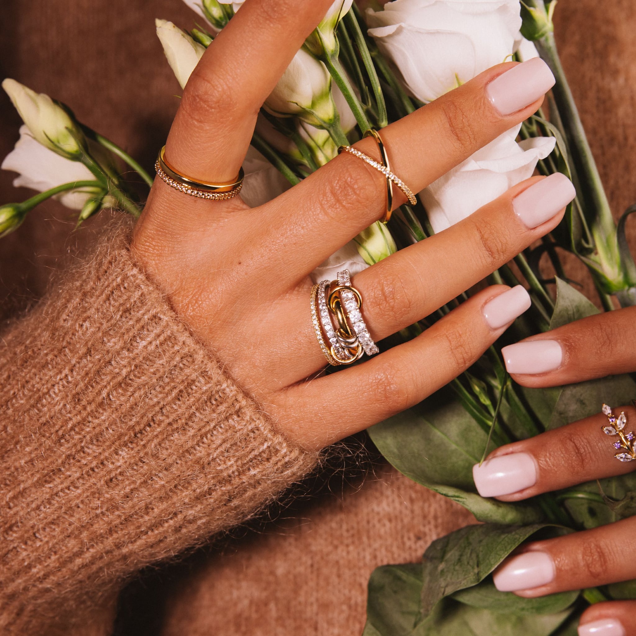 Chamilla two-tone stacked ring: interlinked 18k gold-plated and rhodium-plated bands with cubic zirconia, view 6 of 7