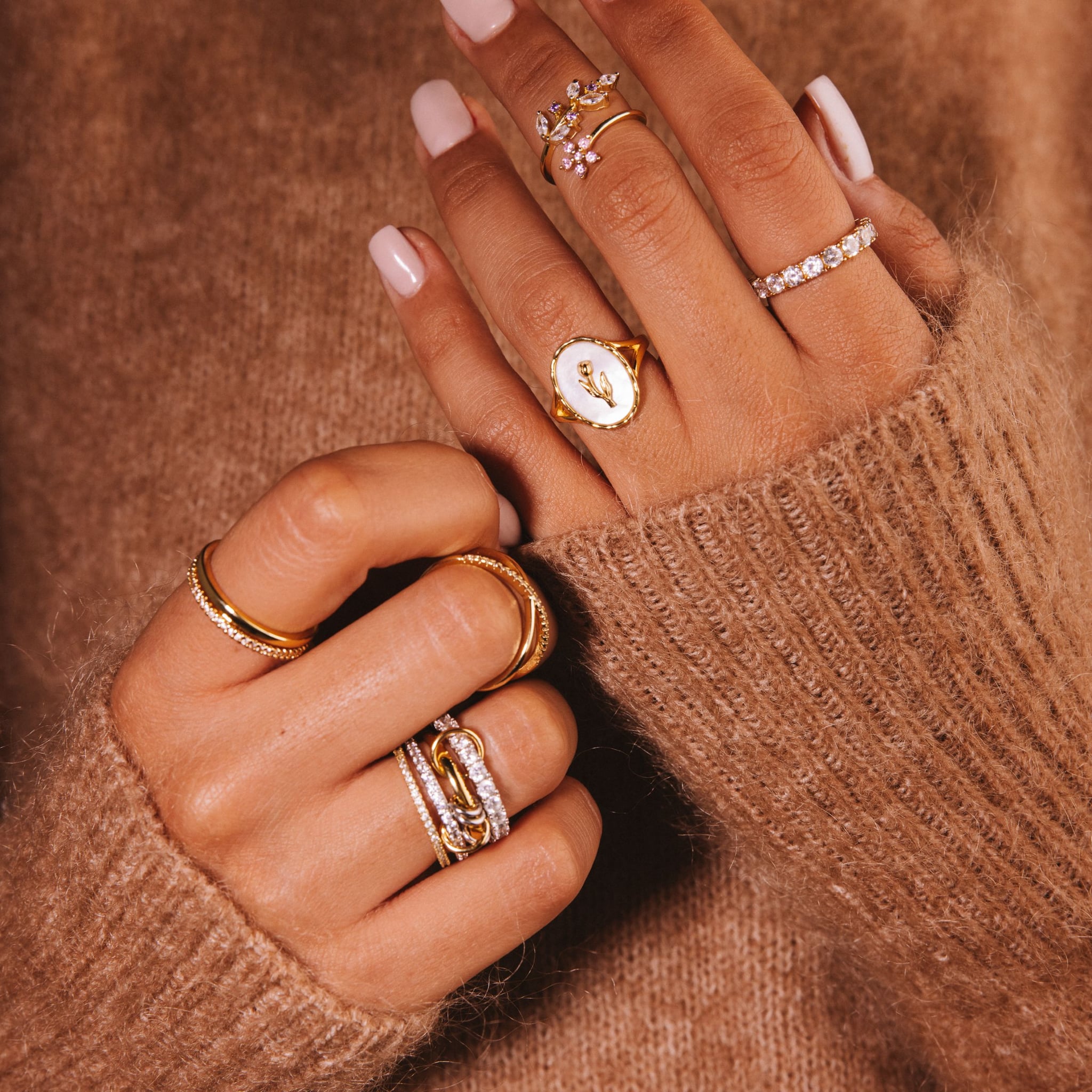 Chamilla two-tone stacked ring: interlinked 18k gold-plated and rhodium-plated bands with cubic zirconia, view 7 of 7