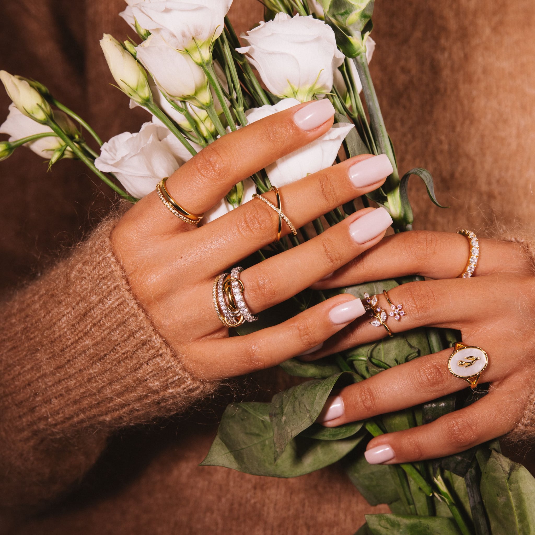 Inara double band ring in 18k gold-plated sterling silver, a smooth band beside a band set with cubic zirconia, view 4 of 6