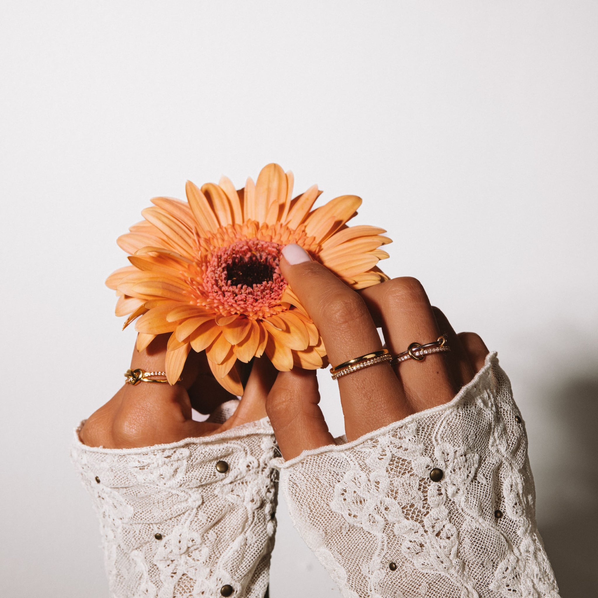 Inara double band ring in 18k gold-plated sterling silver, a smooth band beside a band set with cubic zirconia, view 5 of 6