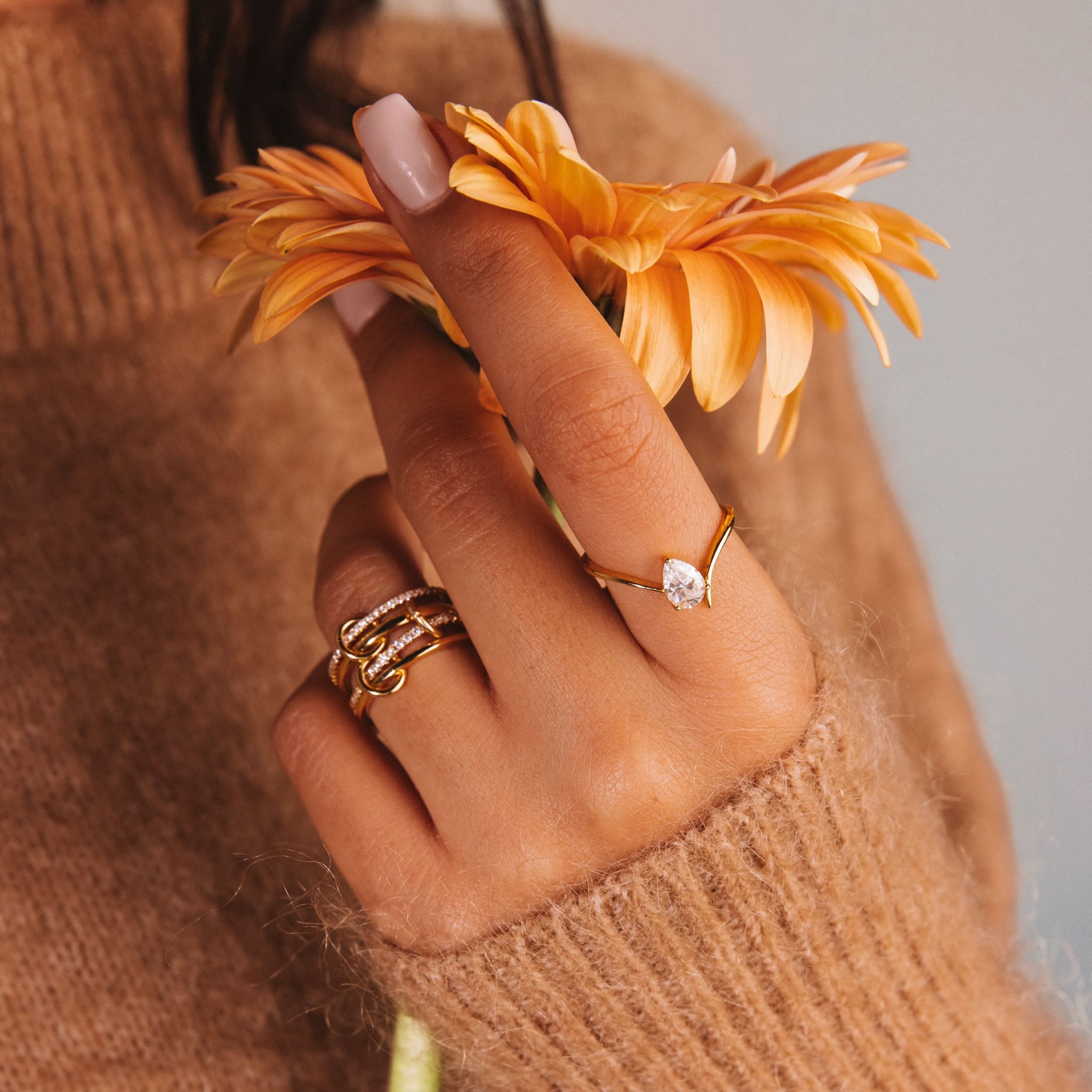 Jade pinky ring in 18k gold-plated sterling silver with a single clear cubic zirconia, view 2 of 5