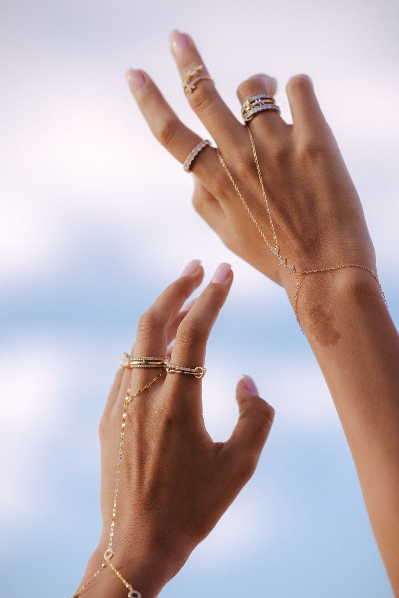 Jasmin double hand chain in 18k gold-plated sterling silver with cubic zirconia accents, view 5 of 7