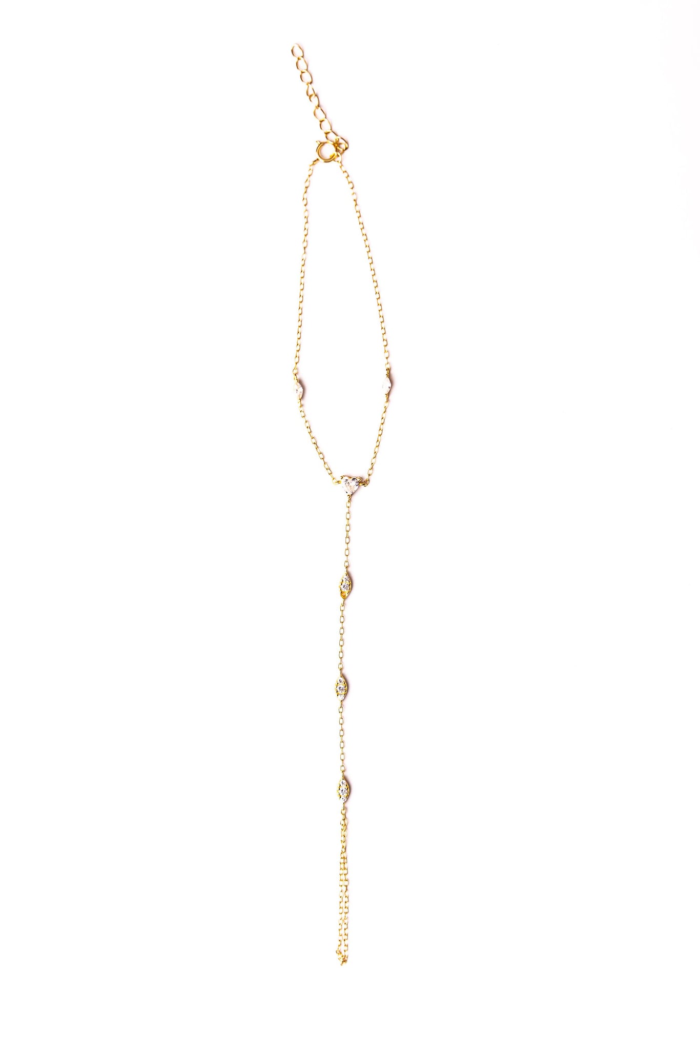 Loulya minimalist hand chain in 18k gold-plated sterling silver with a vertical line of cubic zirconia, view 3 of 4