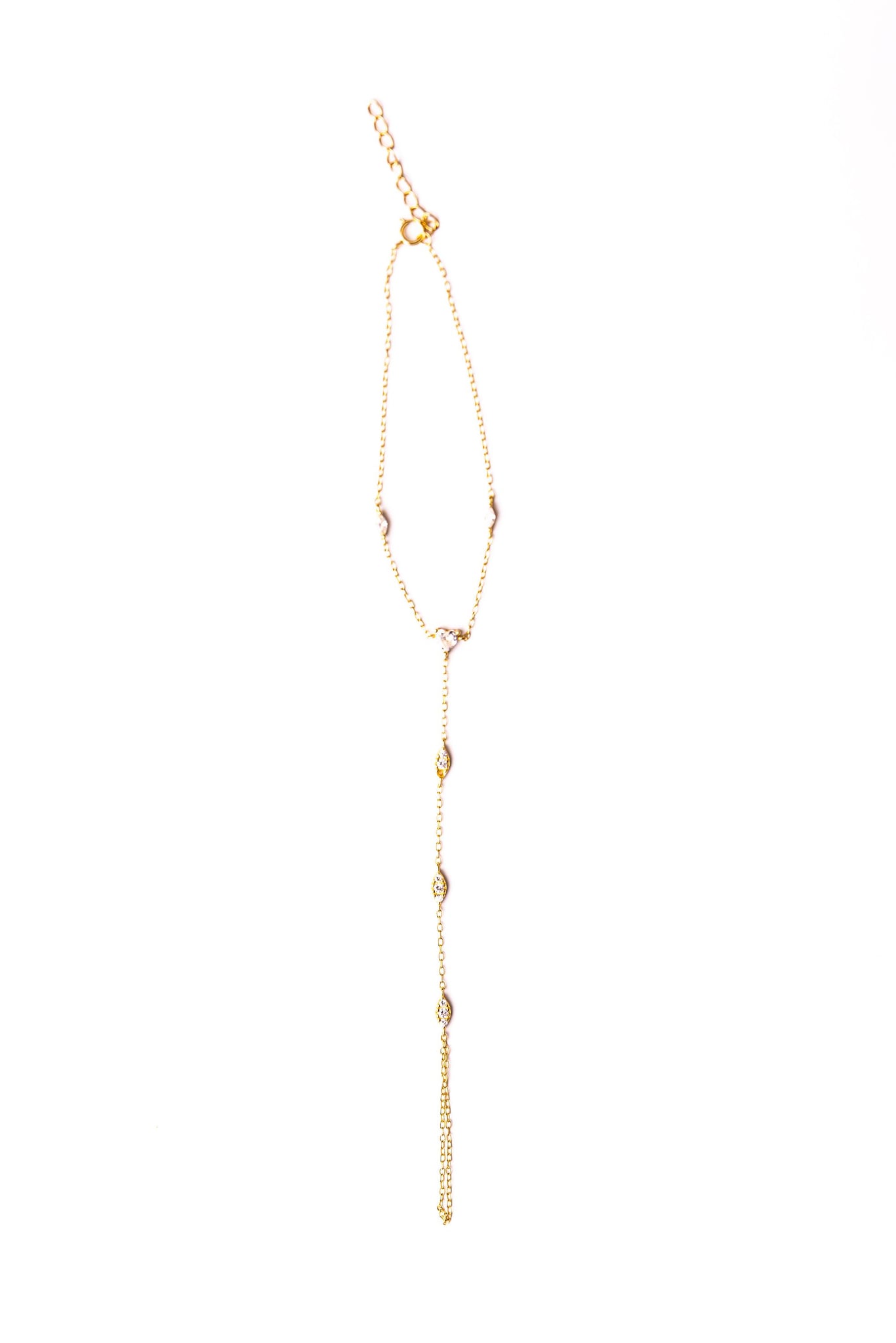 Loulya minimalist hand chain in 18k gold-plated sterling silver with a vertical line of cubic zirconia, view 4 of 4