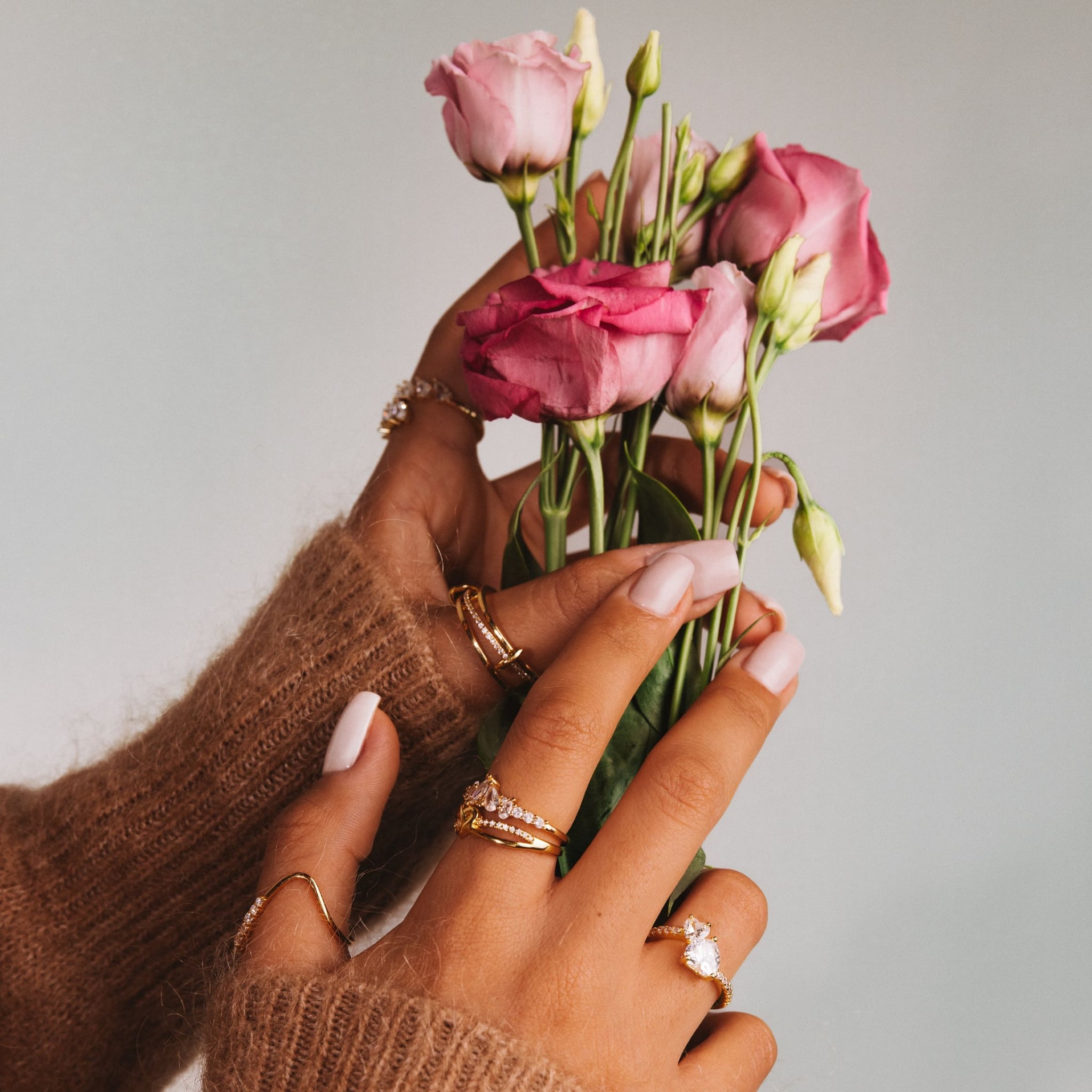Mimosa flower band ring in 18k gold-plated sterling silver with a row of clear stones, view 5 of 5
