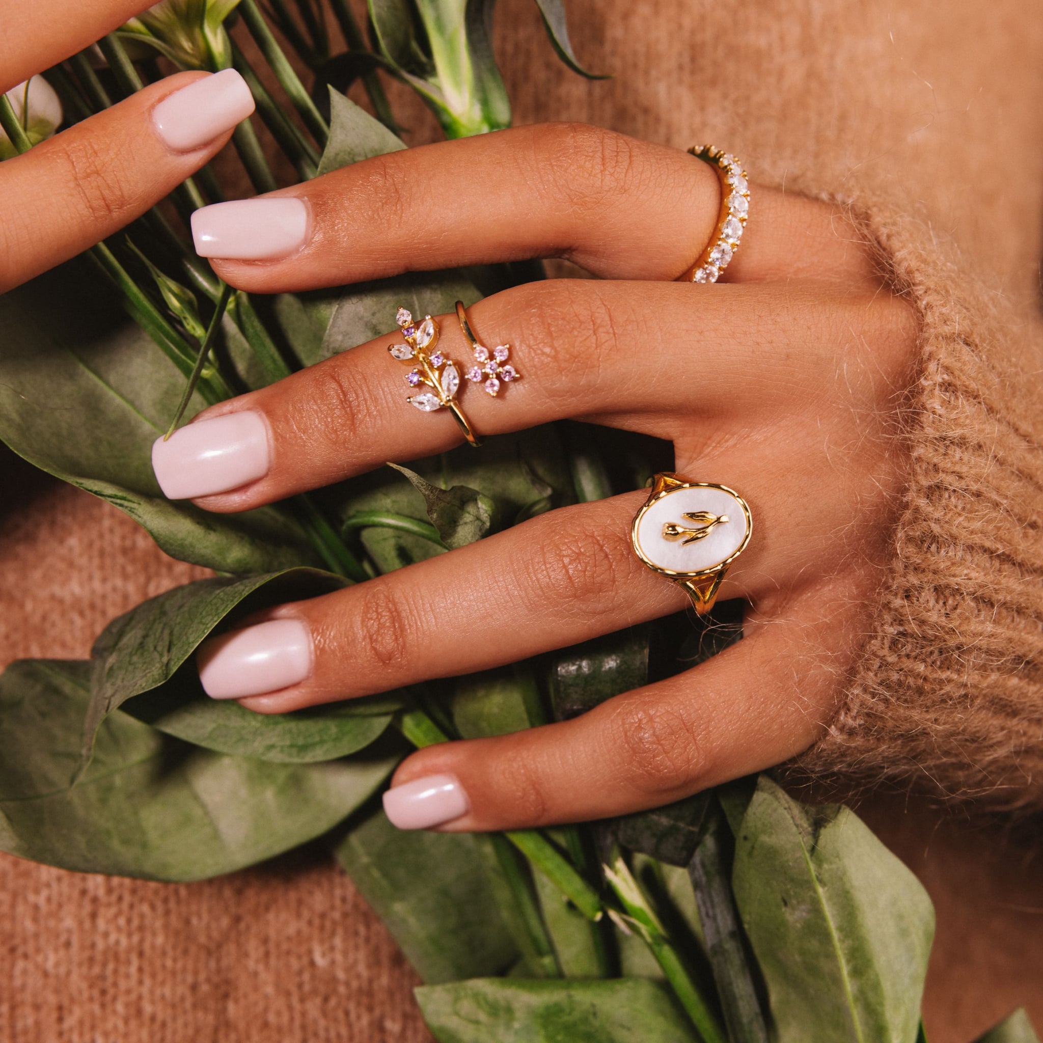 Petal No. 1 adjustable flower wrap ring in 18k gold-plated sterling silver with marquise-cut stones, view 3 of 6
