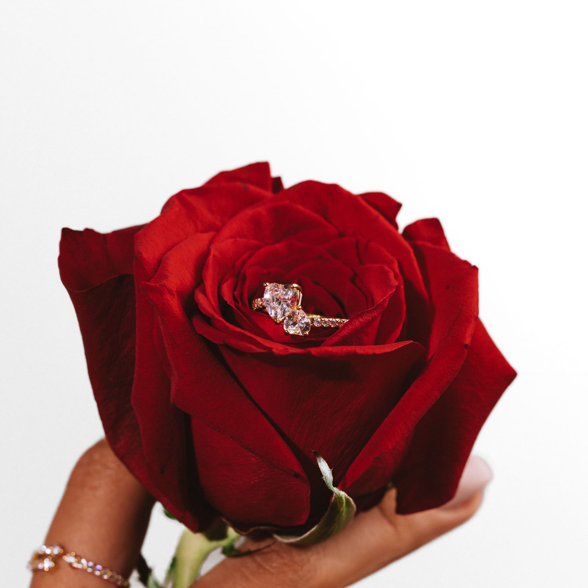 Ume two-stone toi et moi ring in 18k gold-plated sterling silver with two clear stones on a pavé band, view 2 of 6