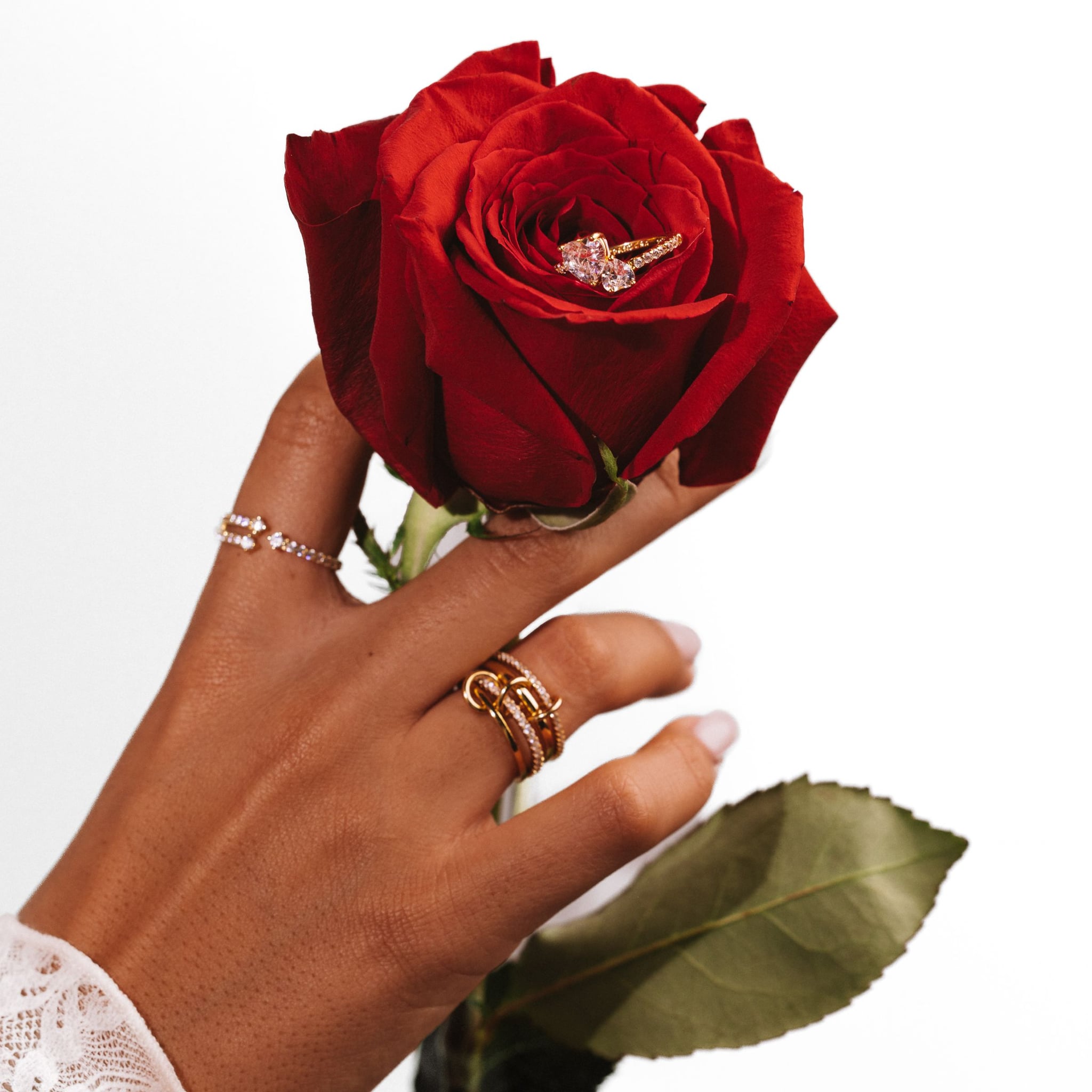 Ume two-stone toi et moi ring in 18k gold-plated sterling silver with two clear stones on a pavé band, view 5 of 6