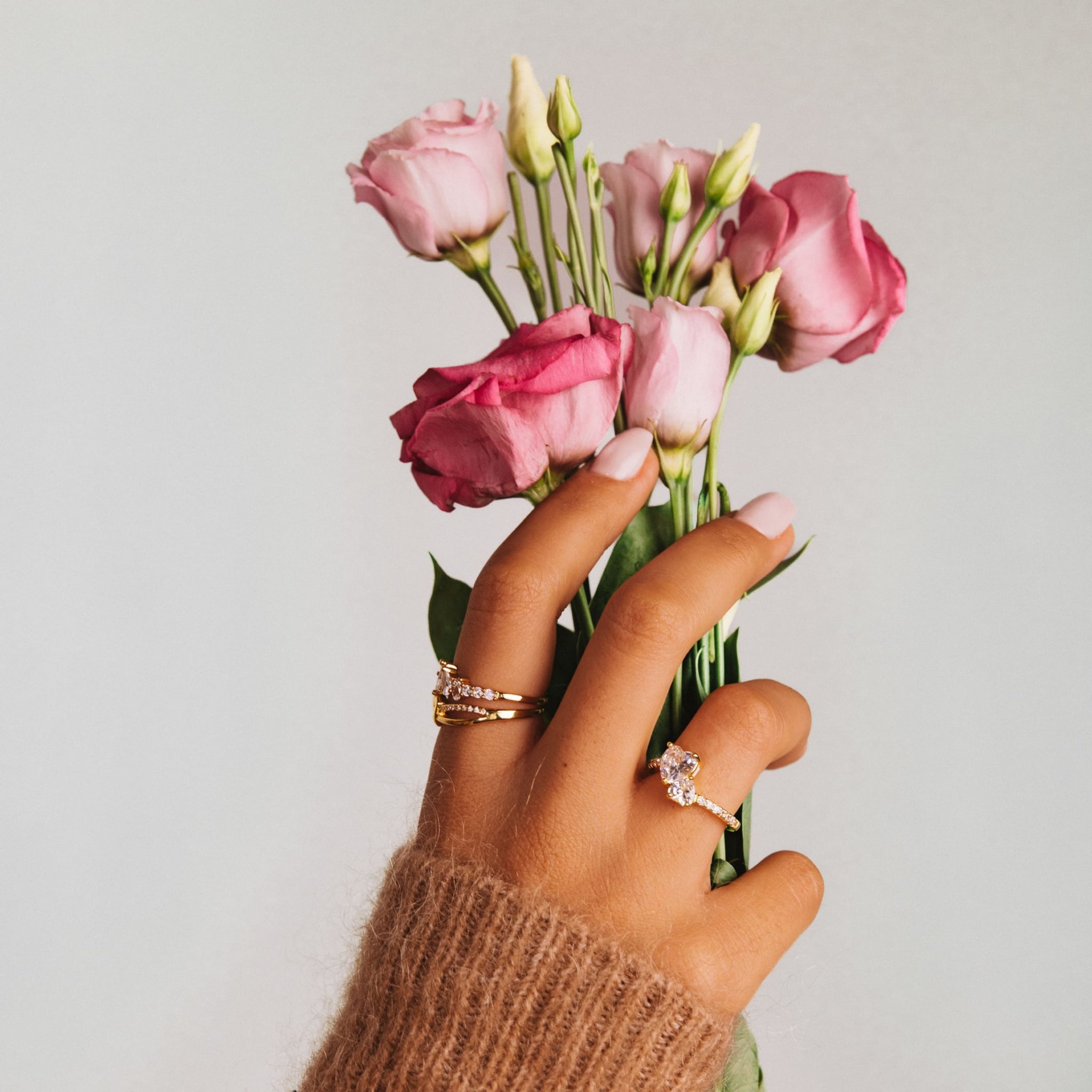 Ume two-stone toi et moi ring in 18k gold-plated sterling silver with two clear stones on a pavé band, view 6 of 6