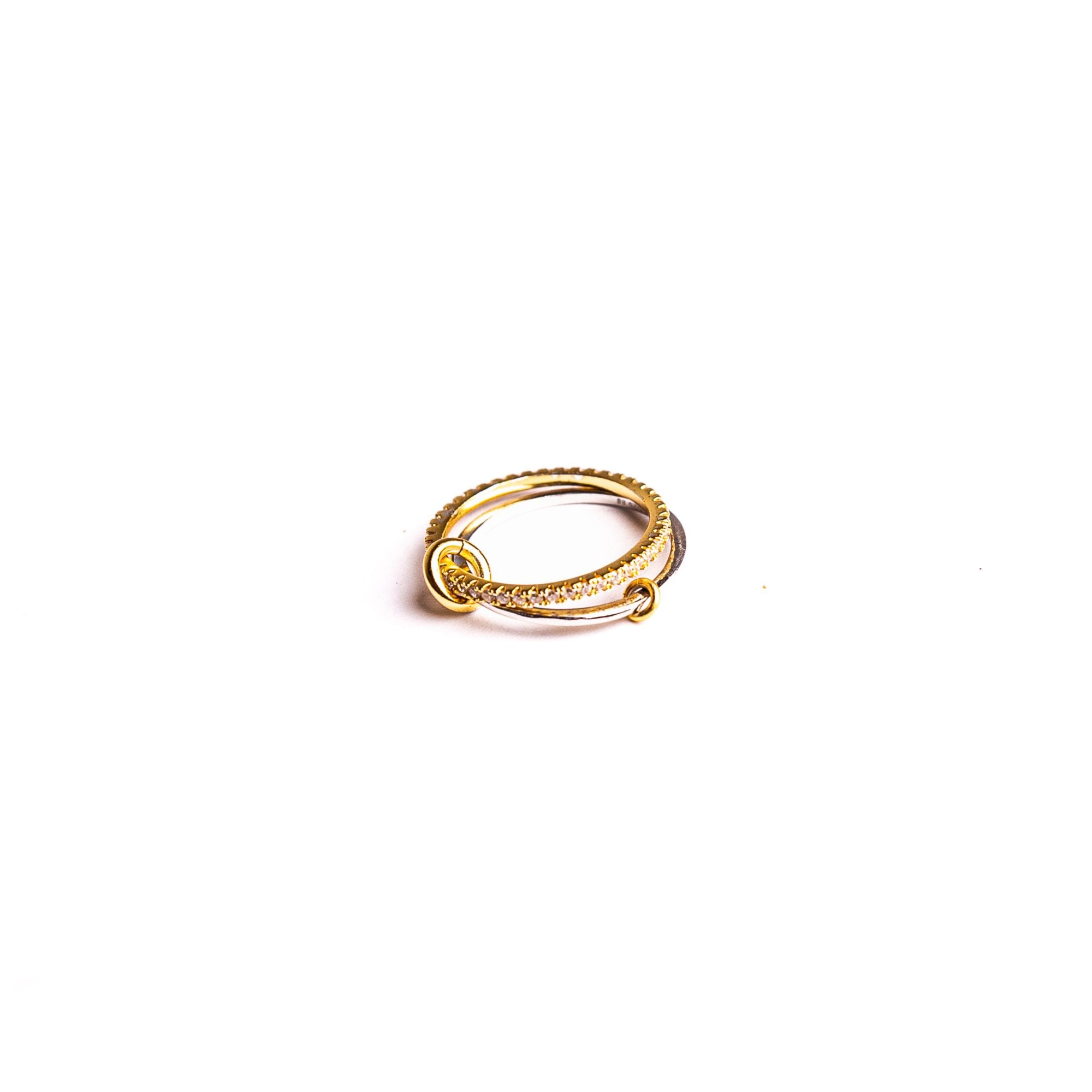 Yellow Lady ring on a white background: two linked bands, one polished and one pavé.